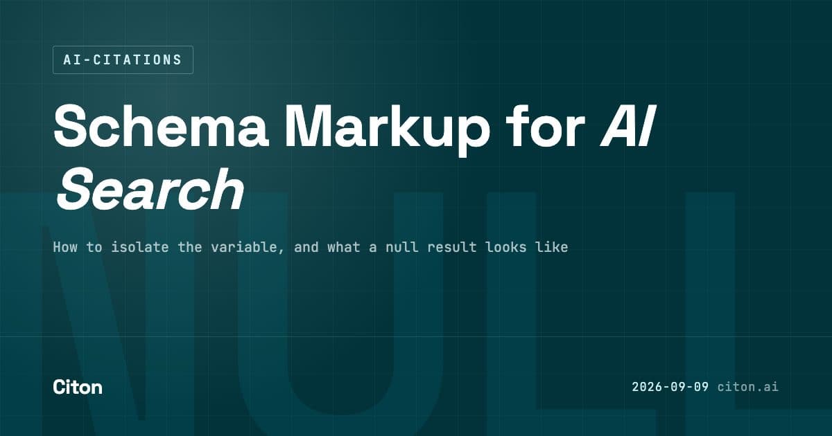 Schema markup and AI citations. A treated group of 1,885 pages and a matched control group of 4,000 pages declining together, with the gap between them labelled as the only thing a schema test can actually measure.