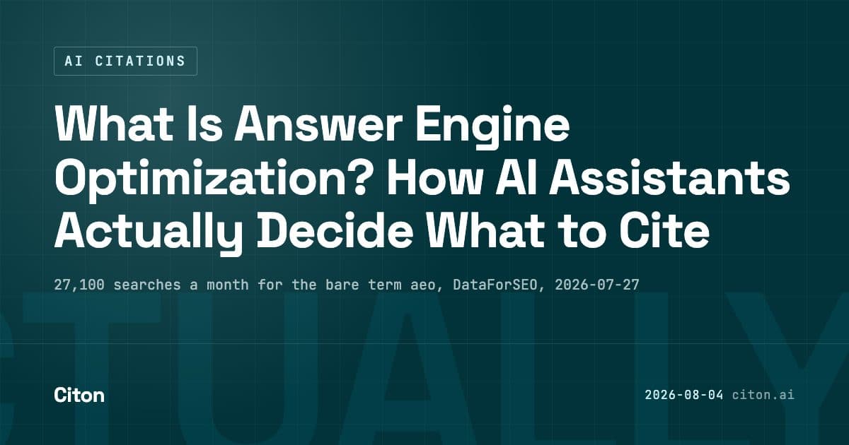 What is answer engine optimization. How AI assistants actually decide what to cite, informational cluster, 27,100 searches a month for the bare term "aeo" alone.